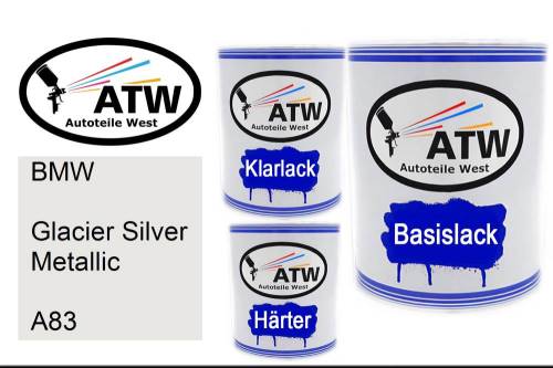 BMW, Glacier Silver Metallic, A83: 1L Lackdose + 1L Klarlack + 500ml Härter - Set, von ATW Autoteile West.